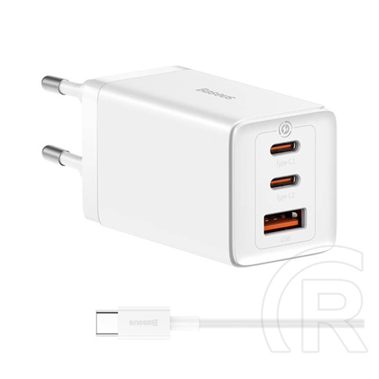 Baseus GaN5 Pro hálózati töltő (USB-A + 2xUSB-C aljzat, 65W, C-C kábel, fehér)