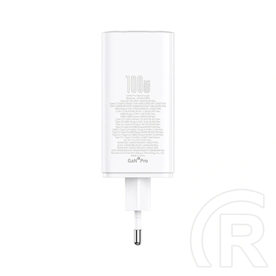 Baseus GaN6 Pro hálózati gyorstöltő (100W, GaN, 2×USB Type-C, 2×USB Type-A, 100W USB Type-C kábel 1m, fehér)