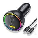 Baseus autós töltő 2 type-c aljzat (152.5w, pd gyorstöltő 3.0, led fény + csévélhető lapos type-c kábel) fekete