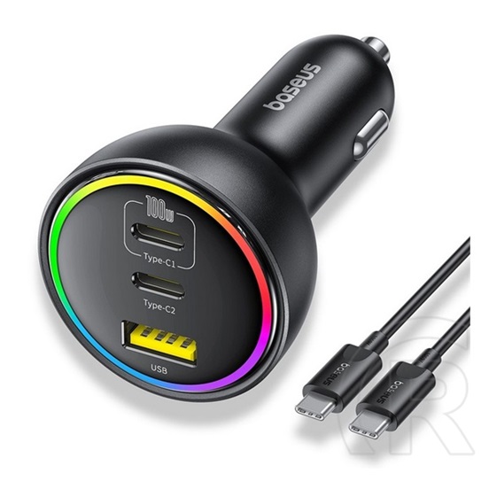 Baseus autós töltő 2 type-c aljzat (152.5w, pd gyorstöltő 3.0, led fény + csévélhető lapos type-c kábel) fekete