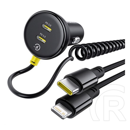 Baseus autós töltő usb+type-c aljzat (27w, pd gyorstöltő, + fix spirál type-c - lightning kábel) fekete