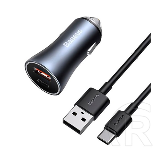 Baseus autós töltő usb / type-c aljzat (5v / 3000ma, 40w, pd gyorstöltés tám., led jelzés + type-c kábel) szürke