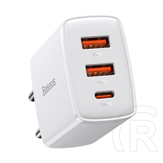 Baseus compact hálózati töltő 2 usb aljzat / type-c aljzat (5v / 3000 ma, 30w, qc 3.0, pd gyorstöltés támogatás) fehér