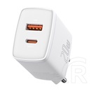 Baseus compact hálózati töltő usb / type-c aljzat (5v / 3000 ma, 20w, qc 3.0, pd gyorstöltés támogatás) fehér