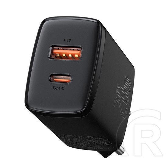 Baseus Compact hálózati töltő (USB-A + USB-C aljzat, 20W, fekete)