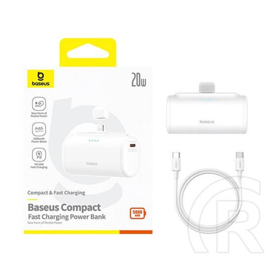 Baseus compact os vésztöltő type-c aljzat (5000mah, 20w, pd gyorstöltő, lightning csatlakozó + type-c kábel) fehér