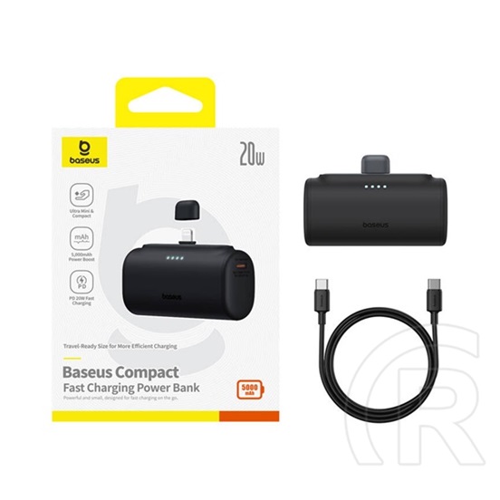 Baseus compact os vésztöltő type-c aljzat (5000mah, 20w, pd gyorstöltő, lightning csatlakozó + type-c kábel) fekete