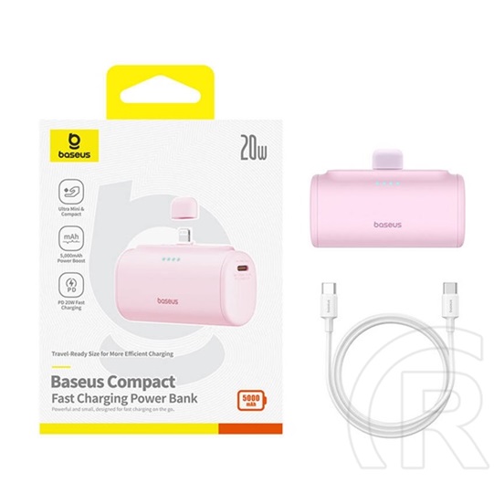 Baseus compact os vésztöltő type-c aljzat (5000mah, 20w, pd gyorstöltő, lightning csatlakozó + type-c kábel) rózsaszín
