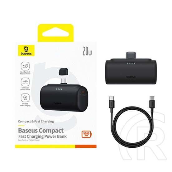 Baseus compact vésztöltő type-c aljzat (5000mah, 20w, pd gyorstöltő, type-c csatlakozó + type-c kábel) fekete