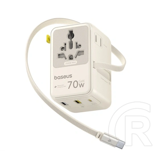 Baseus enercore cg11 utazó töltő 2 usb+type-c aljzat (70w, gan6, gyorstöltés, eu, uk, us, au + fix type-c kábel) bézs