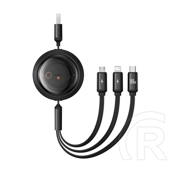 Baseus free2draw adatkábel 3in1 (usb - lightning/microusb/type-c, 100w, gyorstöltő, 110cm, csévélhető) fekete