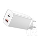 Baseus GaN2 Lite hálózati töltő (USB-A + USB-C aljzat. 5V/3A, 65W, fehér)