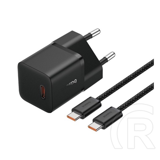 Baseus gan5 mini 1c hálózati töltő type-c aljzat (20w, pd gyorstöltő, gan5 + type-c kábel) fekete