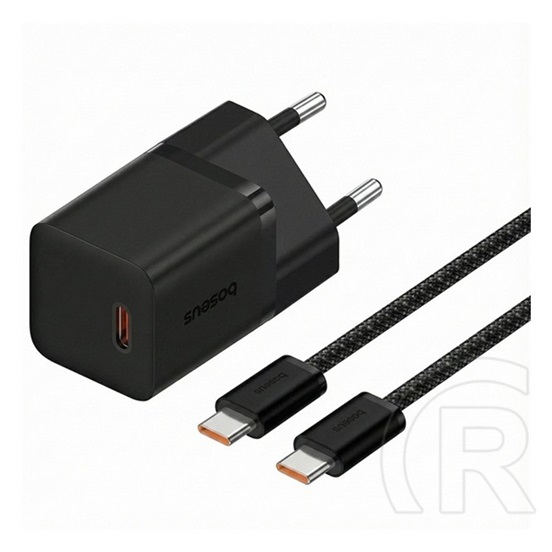 Baseus gan5 mini 1c hálózati töltő type-c aljzat (30w, pd gyorstöltő, gan5 + type-c kábel) fekete
