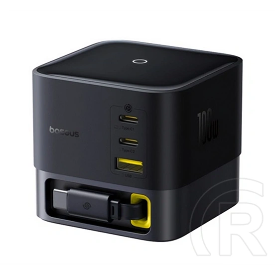 Baseus hálózati töltő állomás usb+2 type-c aljzat (100w, gan, gyorstöltő, fix type-c kábel + 80cm tápkábel) fekete
