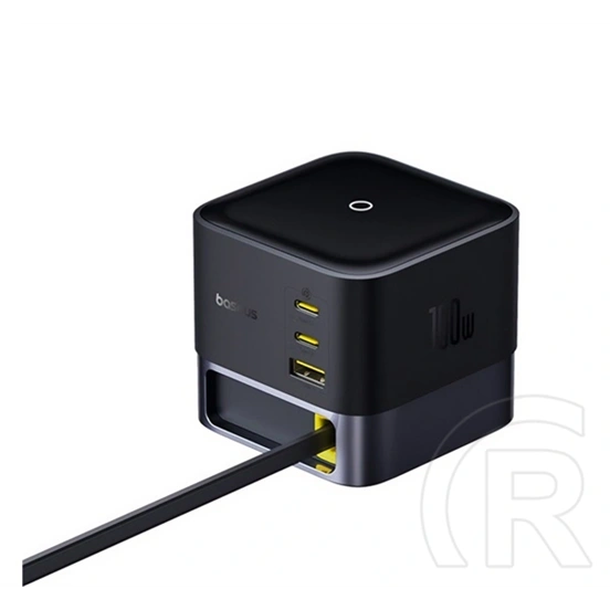 Baseus hálózati töltő állomás usb+2 type-c aljzat (100w, gan, gyorstöltő, fix type-c kábel + 80cm tápkábel) fekete