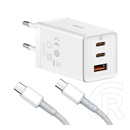 Baseus hálózati töltő usb+2 type-c aljzat (65w, gan5, pd gyorstöltő + type-c kábel) fehér