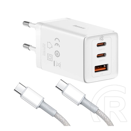 Baseus hálózati töltő usb+2 type-c aljzat (65w, gan5, pd gyorstöltő + type-c kábel) fehér