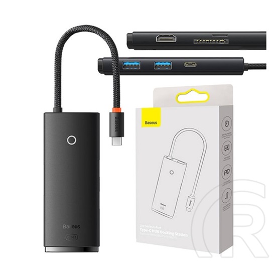 Baseus OS Lite 6in1 USB-C hub (2xUSB 3.0 / USB-C + PD max, 5V 2550A / TF+SD kártyaolvasó / HDMI, fekete)