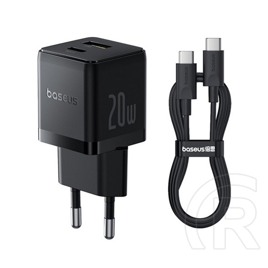 Baseus palm hálózati töltő usb+type-c aljzat (20w, pd gyorstöltő 3.0 + type-c kábel) fekete