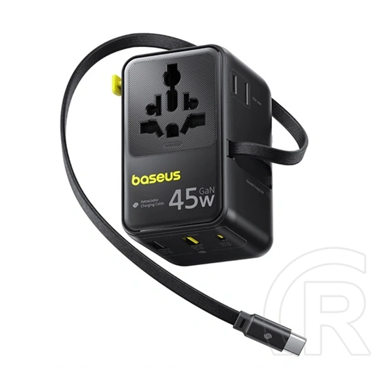 Baseus picogo ag11 utazó töltő 2 usb+type-c aljzat (45w, gan6, gyorstöltés, eu, uk, us, au + fix type-c kábel) fekete
