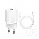 Baseus Super Si hálózati töltő (USB-C aljzat, 20W, USB-C/Lightning kábel, fehér)