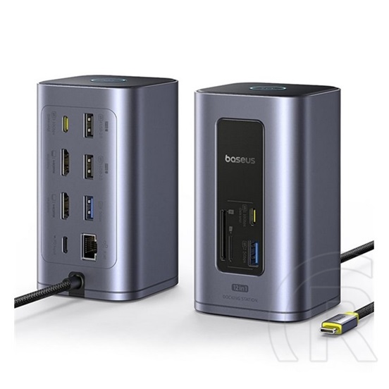 Baseus type-c hub 12in1 (elosztó, 100w, 4 usb+3 type-c+rj45+2 hdmi+tf/microsd kártya aljzat, pd gyorstöltő) sötétszürke