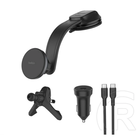 Belkin autós tartó (27w, wireless, műszerfalra, szellőzőre, mágneses, qi2 + autós töltő + type-c kábel) fekete
