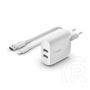 Belkin boostcharge hálózati töltő 2 usb aljzat (24w, gyorstöltő + lightning kábel) fehér