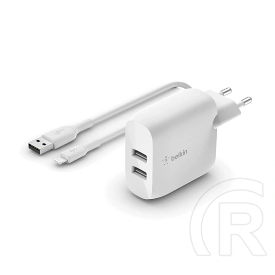 Belkin boostcharge hálózati töltő 2 usb aljzat (24w, gyorstöltő + lightning kábel) fehér