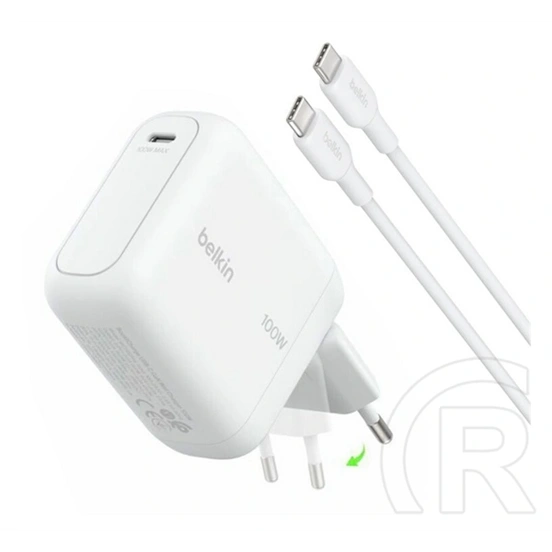 Belkin boostcharge hálózati töltő type-c aljzat (100w, gan, pd gyorstöltő + type-c kábel) fehér