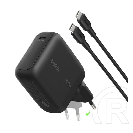 Belkin boostcharge hálózati töltő type-c aljzat (100w, gan, pd gyorstöltő + type-c kábel) fekete