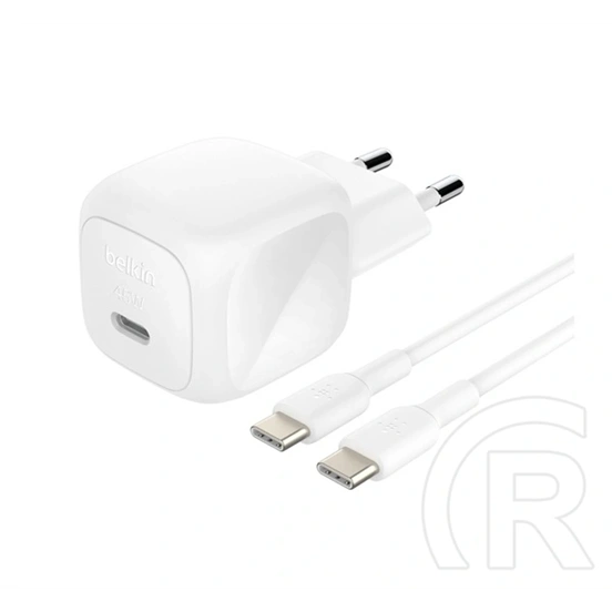 Belkin boostcharge hálózati töltő type-c aljzat (45w, pd gyorstöltő 3.0 + type-c kábel) fehér