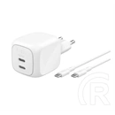 Belkin boostcharge pro hálózati töltő 2 type-c aljzat (50w, gan, pd gyorstöltő + type-c kábel) fehér