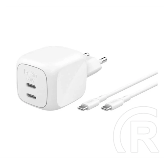Belkin boostcharge pro hálózati töltő 2 type-c aljzat (50w, gan, pd gyorstöltő + type-c kábel) fehér