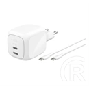 Belkin boostcharge pro hálózati töltő 2 type-c aljzat (67w, gan, pd gyorstöltő + type-c kábel) fehér