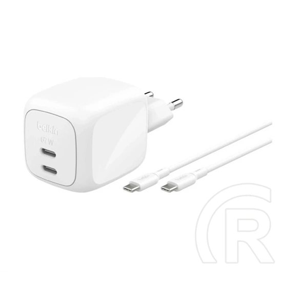 Belkin boostcharge pro hálózati töltő 2 type-c aljzat (67w, gan, pd gyorstöltő + type-c kábel) fehér