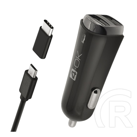 Blautel 4-ok autós töltő 2 usb aljzat (5v / 3400ma + type-c adapter + microusb kábel) fekete