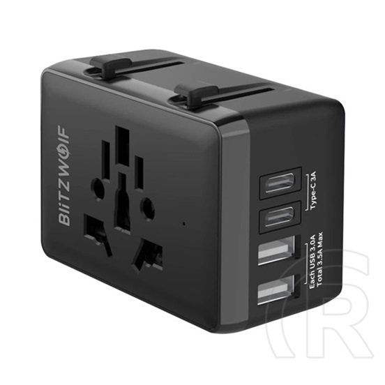 Blitzwolf bw-ta1 utazó töltő 2 usb+2 type-c aljzat (20w, gan, pd gyorstöltés, eu, uk, us, au) fekete