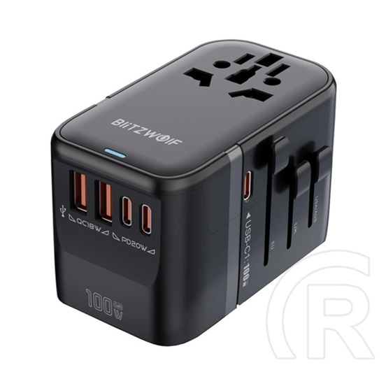 Blitzwolf bw-ta2 utazó töltő 2 usb+3 type-c aljzat (100w, gan, pd gyorstöltés, eu, uk, us, au) fekete