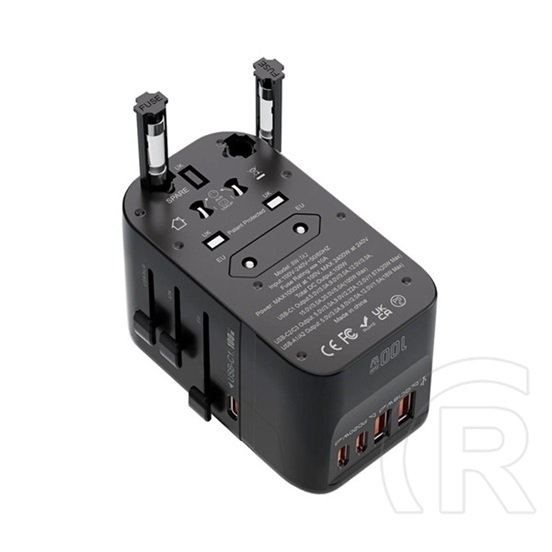 Blitzwolf bw-ta2 utazó töltő 2 usb+3 type-c aljzat (100w, gan, pd gyorstöltés, eu, uk, us, au) fekete