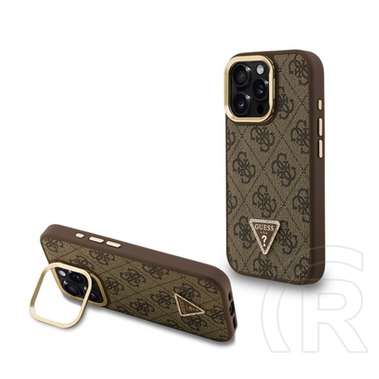 CG Mobile Apple iPhone 15 Pro guess pu 4g strass triangle logo stand  (ütésálló, bőr hatás hátlap, kitámasztó) barna