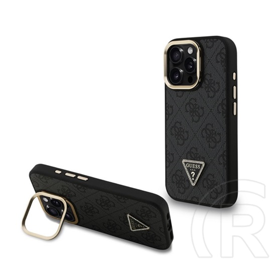CG Mobile Apple iPhone 15 Pro guess pu 4g strass triangle logo stand  (ütésálló, bőr hatás hátlap, kitámasztó) fekete