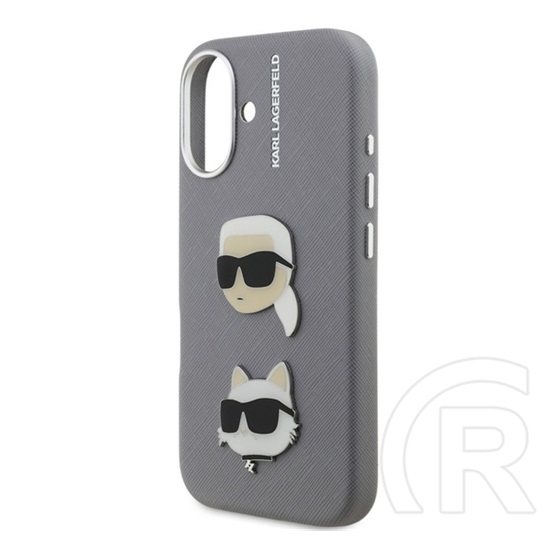CG Mobile Apple iPhone 16 Karl Lagerfeld grained pu k&ch heads  (ütésálló, bőr hatás hátlap, 3d) világosszürke