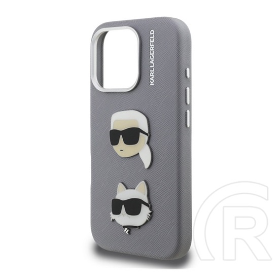 CG Mobile Apple iPhone 16 Pro Karl Lagerfeld grained pu k&ch heads  (ütésálló, bőr hatás hátlap, 3d) világosszürke