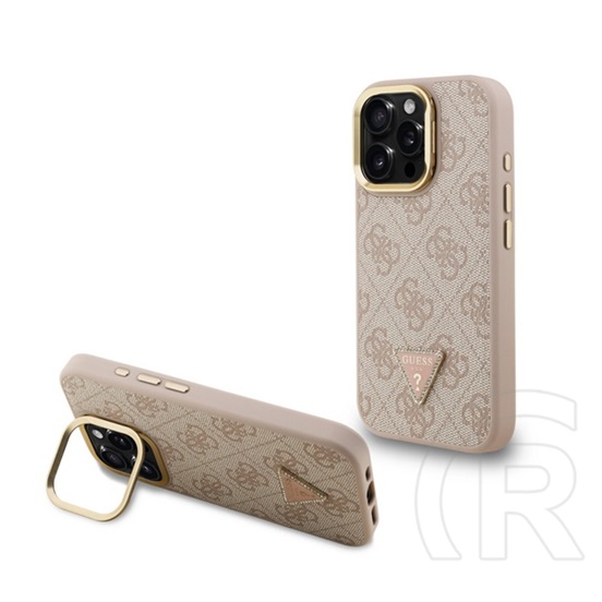 CG Mobile Apple iPhone 16 Pro guess pu 4g strass triangle logo stand  (ütésálló, bőr hatás hátlap, kitámasztó) rózsaszín