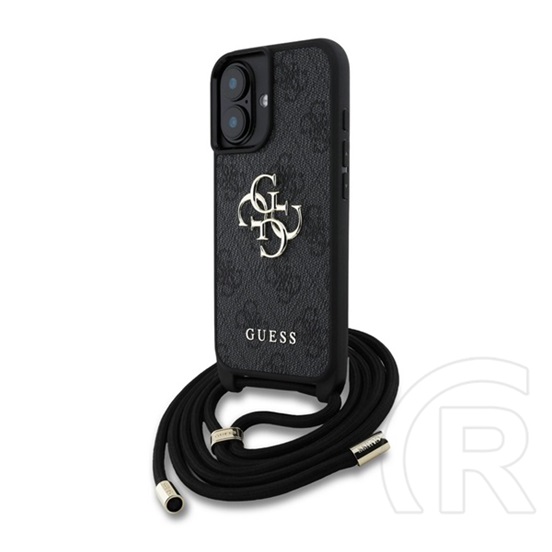 CG Mobile Apple iPhone 16 guess pu 4g metal logo crossbody strap  védő (ütésálló, bőr hatás hátlap + vállpánt) fekete