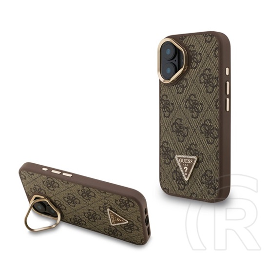 CG Mobile Apple iPhone 16 guess pu 4g strass triangle logo stand  védő (ütésálló, bőr hatás hátlap, kitámasztó) barna