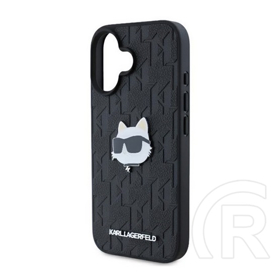 CG Mobile Apple iPhone 16 karl lagerfeld monogram choupette head pin védő (ütésálló, bőr hatású hátlap, magsafe) fekete