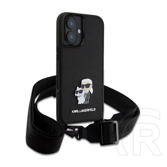 CG Mobile Apple iPhone 16 saffiano crossbody strap metal karl and choupette szilikon védő (ütésállóság, nyakpánt) fekete